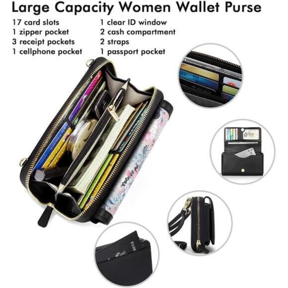 Women Crossbody Wallet Purse, RFID Card Holder Wristlet Clutch 2 Straps - Picture 4 of 6